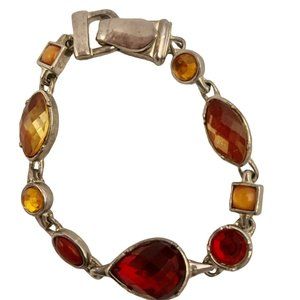 Estate Sale Bezzel Cut Faux Ruby Citrine Silver Chunky Bracelet